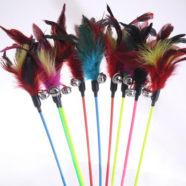 Random Color Hot Sale Feather With Small Bell Natural Make A Cat Stick 1PCS Like Birds Cat Toys Black Coloured Pole