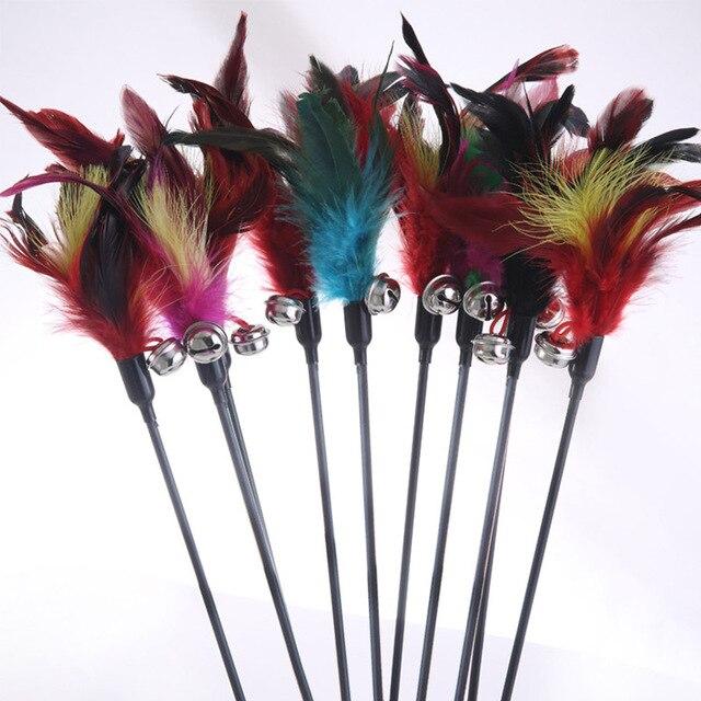 Random Color Hot Sale Feather With Small Bell Natural Make A Cat Stick 1PCS Like Birds Cat Toys Black Coloured Pole