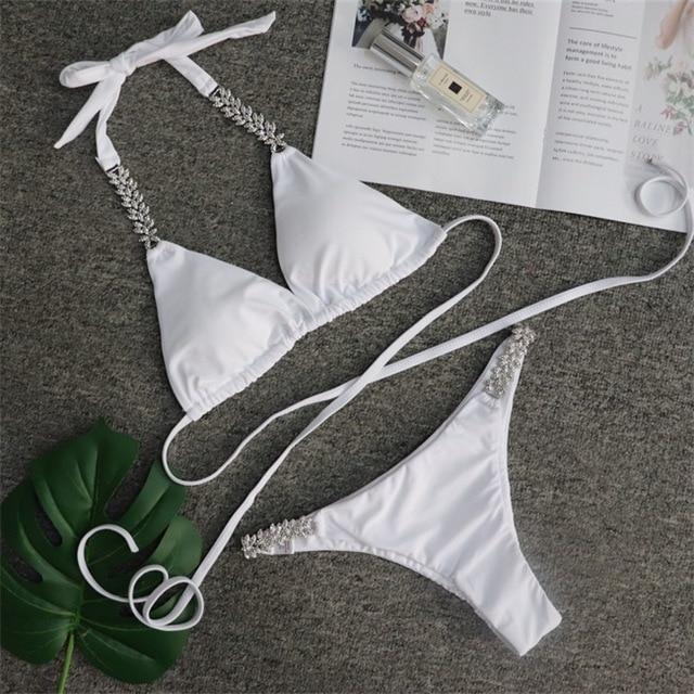2018 New Bikini Set Women Swimwear Diamond Insert Bikini Swimsuit Push Up Padded Bra Bathing Suit Crystal Glittering Beachwear