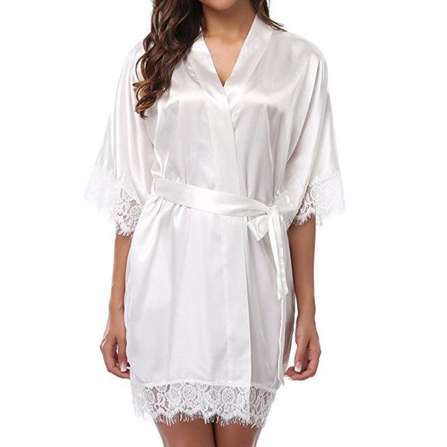 Women Sexy Lace Short Satin Lingerie Robe Sexy Wedding Dress Gown Lace Silk Kimono Underwear Bathrobe Bridesmaid Nightwear