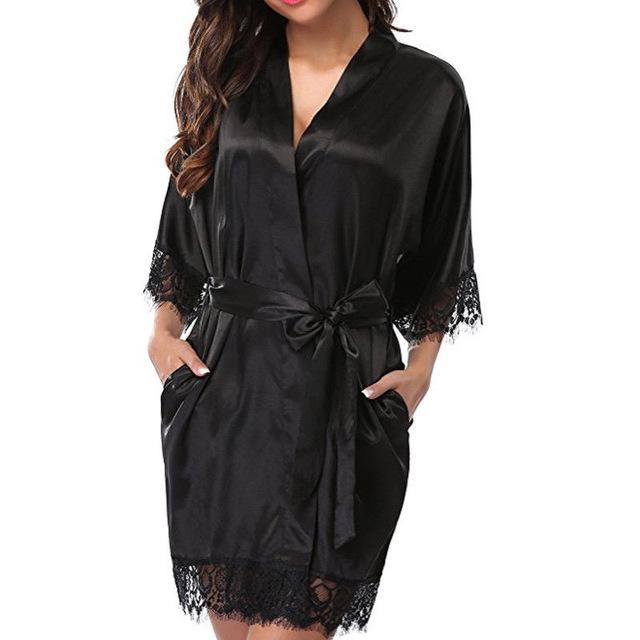Women Sexy Lace Short Satin Lingerie Robe Sexy Wedding Dress Gown Lace Silk Kimono Underwear Bathrobe Bridesmaid Nightwear