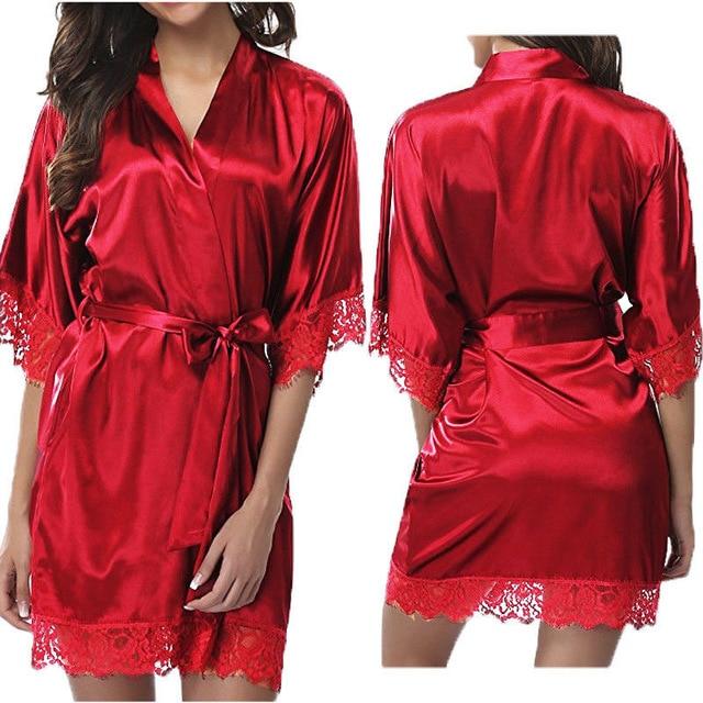 Women Sexy Lace Short Satin Lingerie Robe Sexy Wedding Dress Gown Lace Silk Kimono Underwear Bathrobe Bridesmaid Nightwear