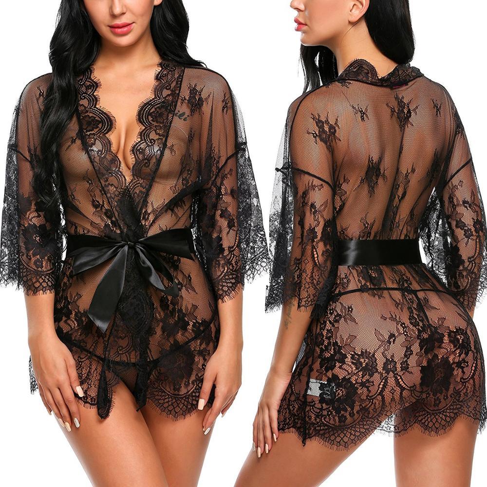Sexy Women Lingerie Lace Night Dress Sleepwear Nightgown Bandage Deep V G-String See Through Sexy Sheer Sleep Dress 2019 Silky