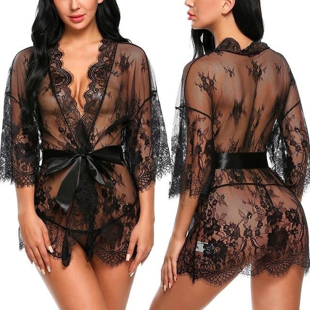 Sexy Women Lingerie Lace Night Dress Sleepwear Nightgown Bandage Deep V G-String See Through Sexy Sheer Sleep Dress 2019 Silky