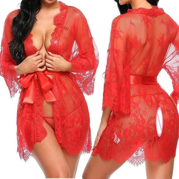 Sexy Women Lingerie Lace Night Dress Sleepwear Nightgown Bandage Deep V G-String See Through Sexy Sheer Sleep Dress 2019 Silky