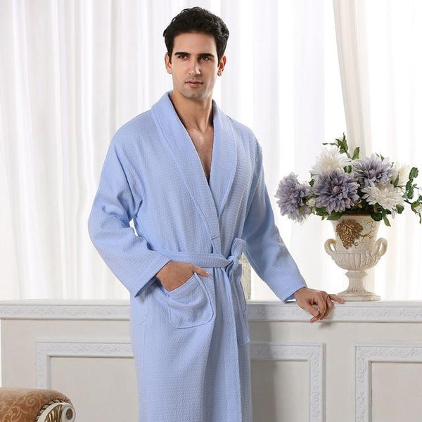 Men Bathrobe Cotton Waffle Man's Robe Nightgown Male Robe BathrobeBath Fleece Robe Dressing Gowns Pajamas Sleep Wear White Blue