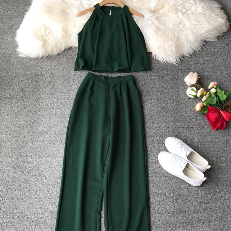 Fashion Halter Shirts Crop Top + Loose Nine-length Pants Suits Women Two Piece Set 2019 Woman Summer 2 Pcs Set Conjunto Feminino