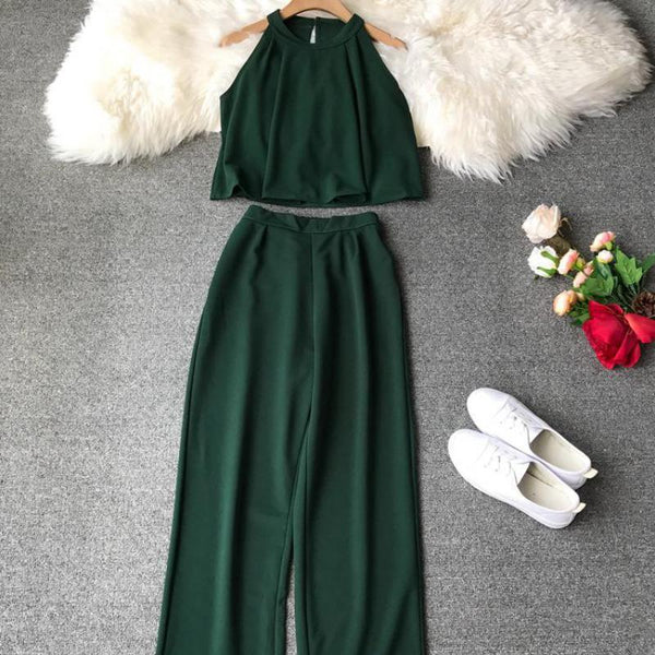 Fashion Halter Shirts Crop Top + Loose Nine-length Pants Suits Women Two Piece Set 2019 Woman Summer 2 Pcs Set Conjunto Feminino