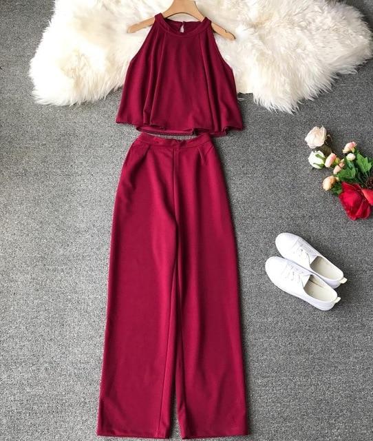 Fashion Halter Shirts Crop Top + Loose Nine-length Pants Suits Women Two Piece Set 2019 Woman Summer 2 Pcs Set Conjunto Feminino