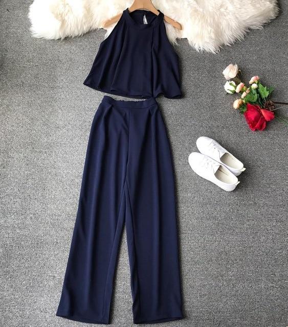 Fashion Halter Shirts Crop Top + Loose Nine-length Pants Suits Women Two Piece Set 2019 Woman Summer 2 Pcs Set Conjunto Feminino