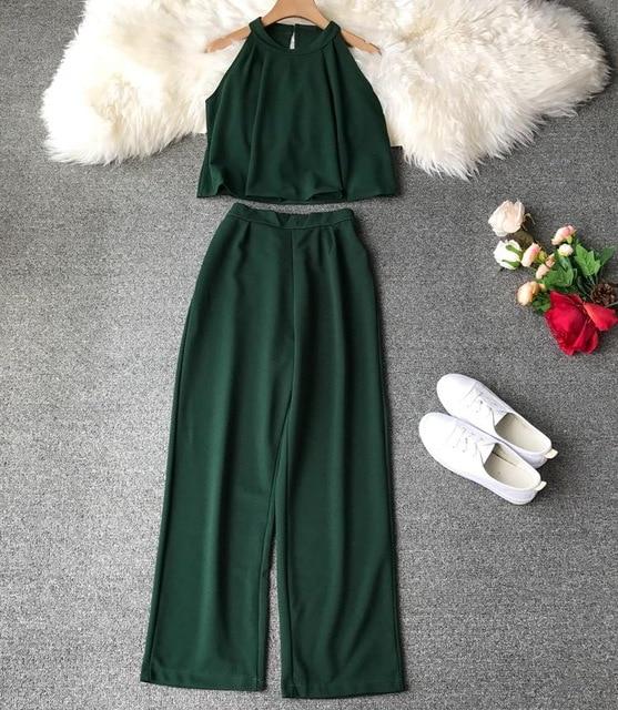 Fashion Halter Shirts Crop Top + Loose Nine-length Pants Suits Women Two Piece Set 2019 Woman Summer 2 Pcs Set Conjunto Feminino