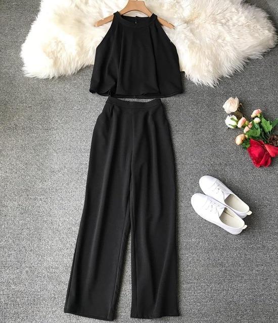 Fashion Halter Shirts Crop Top + Loose Nine-length Pants Suits Women Two Piece Set 2019 Woman Summer 2 Pcs Set Conjunto Feminino
