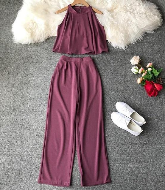 Fashion Halter Shirts Crop Top + Loose Nine-length Pants Suits Women Two Piece Set 2019 Woman Summer 2 Pcs Set Conjunto Feminino