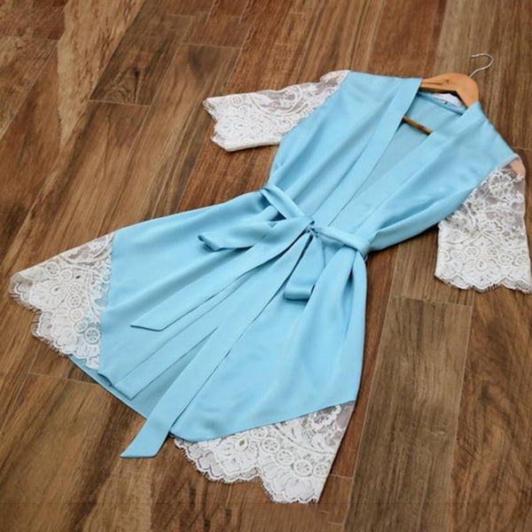 Silk Kimono Robe Bathrobe Women Silk Sexy Lace Patchwork Short Sleeve Robes Ladies Bandage Dressing Gowns Sleepwear