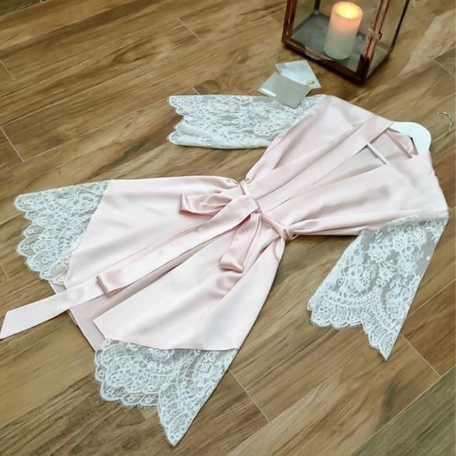 Silk Kimono Robe Bathrobe Women Silk Sexy Lace Patchwork Short Sleeve Robes Ladies Bandage Dressing Gowns Sleepwear