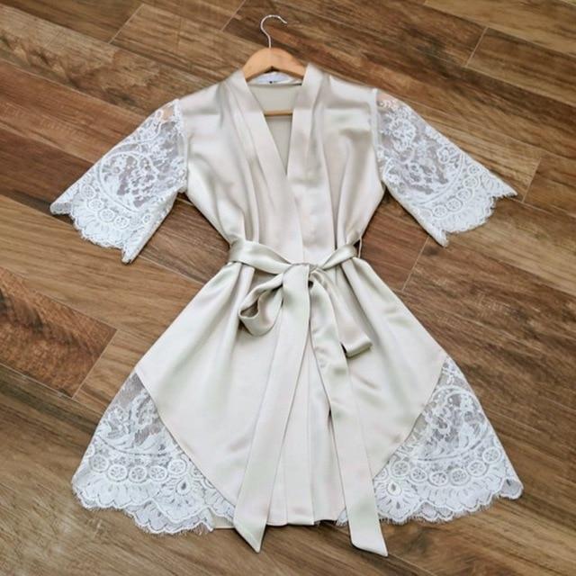 Silk Kimono Robe Bathrobe Women Silk Sexy Lace Patchwork Short Sleeve Robes Ladies Bandage Dressing Gowns Sleepwear