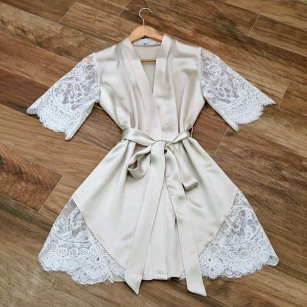 Silk Kimono Robe Bathrobe Women Silk Sexy Lace Patchwork Short Sleeve Robes Ladies Bandage Dressing Gowns Sleepwear