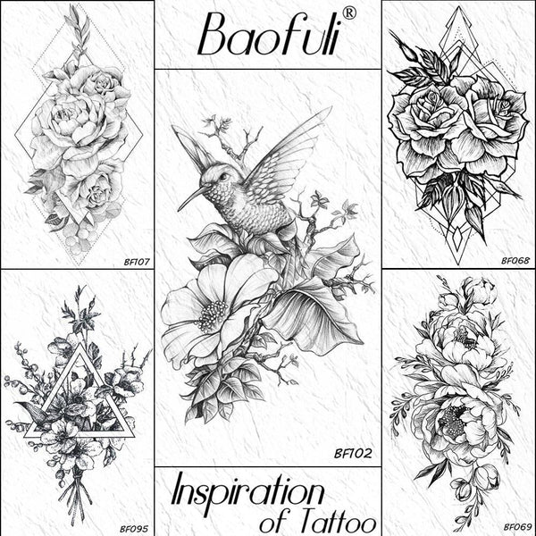 BAOFULI Hummingbird Petal Leaves Tree Temporary Tattoo Paper Flower Draw Black Tatoo Body Art Arm DIY Waterproof Tattoo Sticker