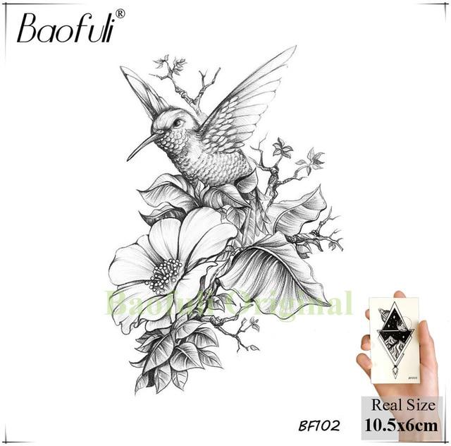 BAOFULI Hummingbird Petal Leaves Tree Temporary Tattoo Paper Flower Draw Black Tatoo Body Art Arm DIY Waterproof Tattoo Sticker