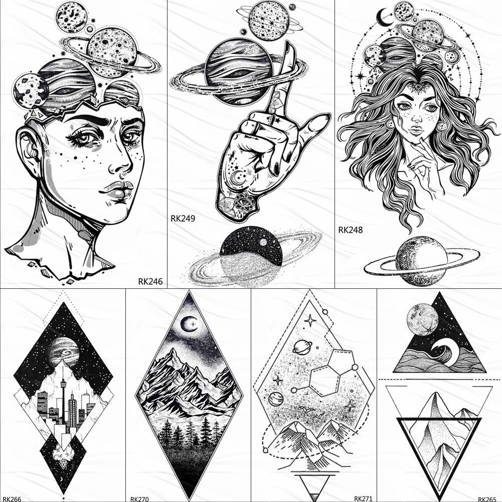 OMMGO Outspace Women Planet Brain Temporary Tattoo Sticker Waterproof Black Geometric Mountain Tatoos Body Art Fake Tattoo Paper