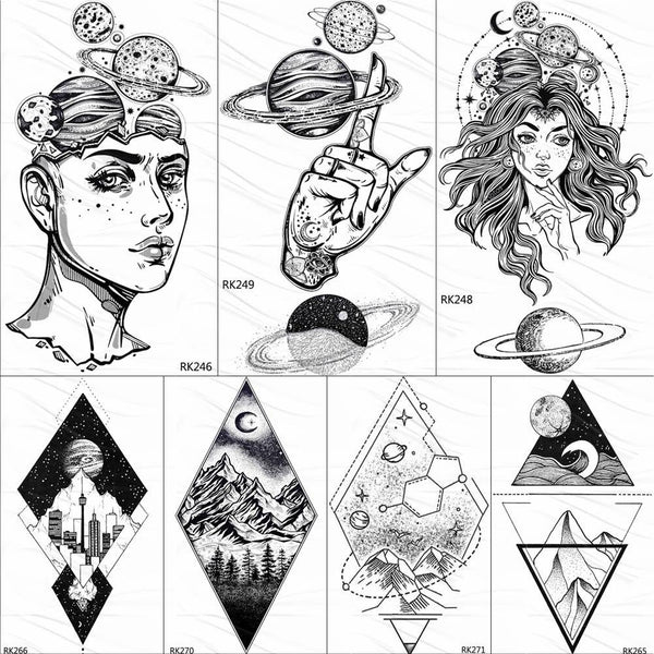 OMMGO Outspace Women Planet Brain Temporary Tattoo Sticker Waterproof Black Geometric Mountain Tatoos Body Art Fake Tattoo Paper