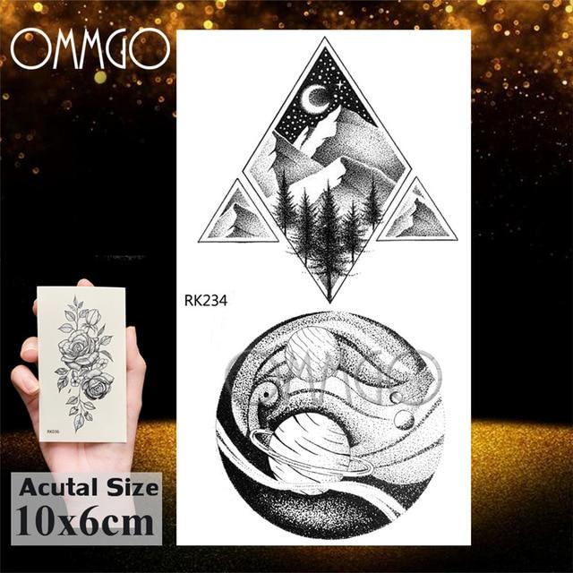OMMGO Outspace Women Planet Brain Temporary Tattoo Sticker Waterproof Black Geometric Mountain Tatoos Body Art Fake Tattoo Paper