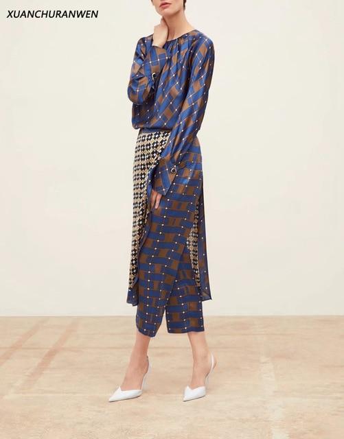 Fashion Floral Plaid Sets Long Sleeve Tops O neck Loose Shirts High Waist Skirt Pants Design Blouse + Pants Sets XZ1957 1961