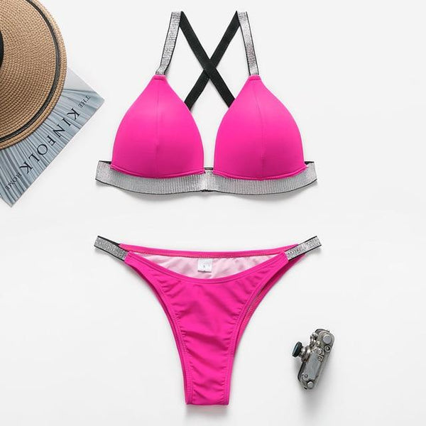 In-X Sexy thong bikini 2019 High cut swimsuit Silver push up bikini Shiny brazilian swimwear women bather Underwire Bathing suit