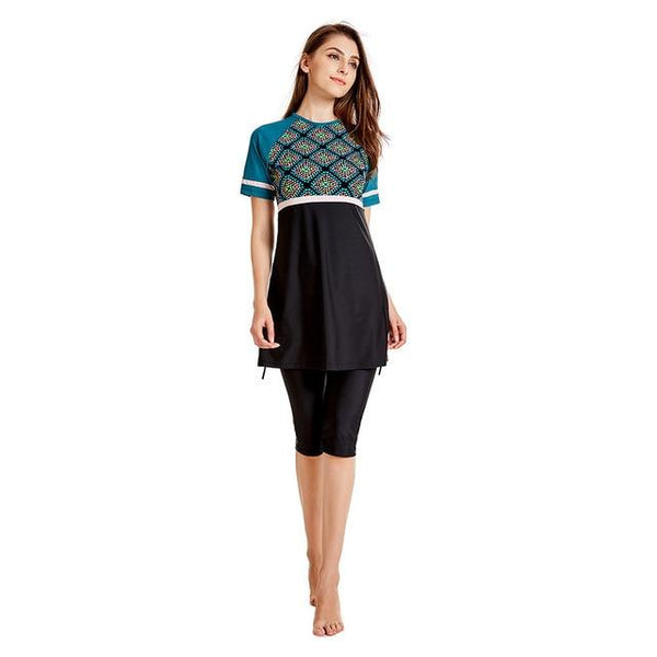 Plus Size Muslim Swimwear Women Modest Patchwork Full Cover Short Sleeve Swimsuit Islamic Hijab Islam Burkinis Wear Bathing Suit