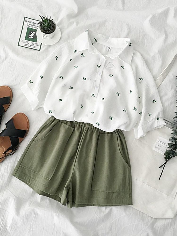 Summer Women Two Piece Sets 2019 Beach Boho Leaves Pattern Shirt + Casual High Waist Wide Leg Short Women Sets Clothes