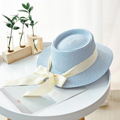 Ymsaid New Summer Sun Hats Women Fashion Girl Straw Hat  Ribbon Bow Beach Hat Casual Straw Flat Top Panama Hat Bone Feminino