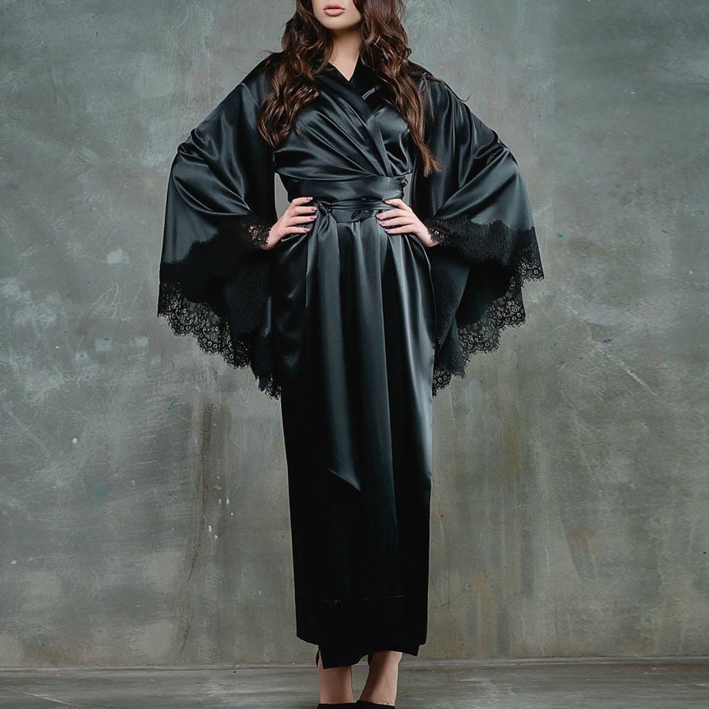Women Sexy Lace Satin Kimono Long Robe Bathrobe Lingerie Sleepwear Belt Pajamas Solid Silk Robes For Women Satin Sleepwear