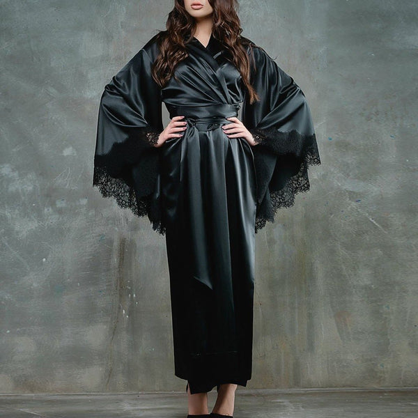 Women Sexy Lace Satin Kimono Long Robe Bathrobe Lingerie Sleepwear Belt Pajamas Solid Silk Robes For Women Satin Sleepwear