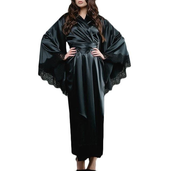 Women Sexy Lace Satin Kimono Long Robe Bathrobe Lingerie Sleepwear Belt Pajamas Solid Silk Robes For Women Satin Sleepwear