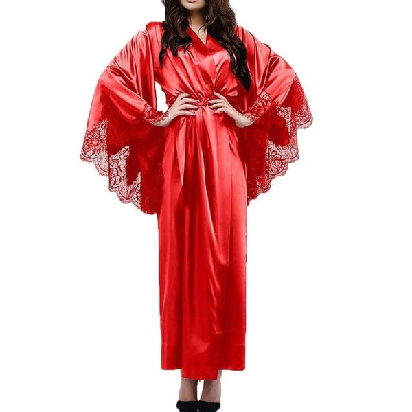 Women Sexy Lace Satin Kimono Long Robe Bathrobe Lingerie Sleepwear Belt Pajamas Solid Silk Robes For Women Satin Sleepwear