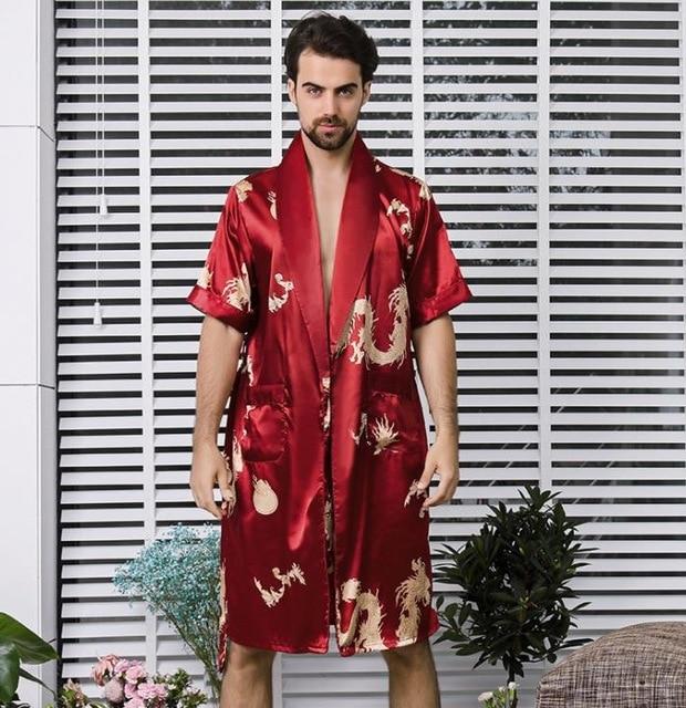 Two-piece Suit Male Silk Dressing Gown  Extra large Robe With Dragons Mens Satin Bathrobe Silk Kimono Men 1287