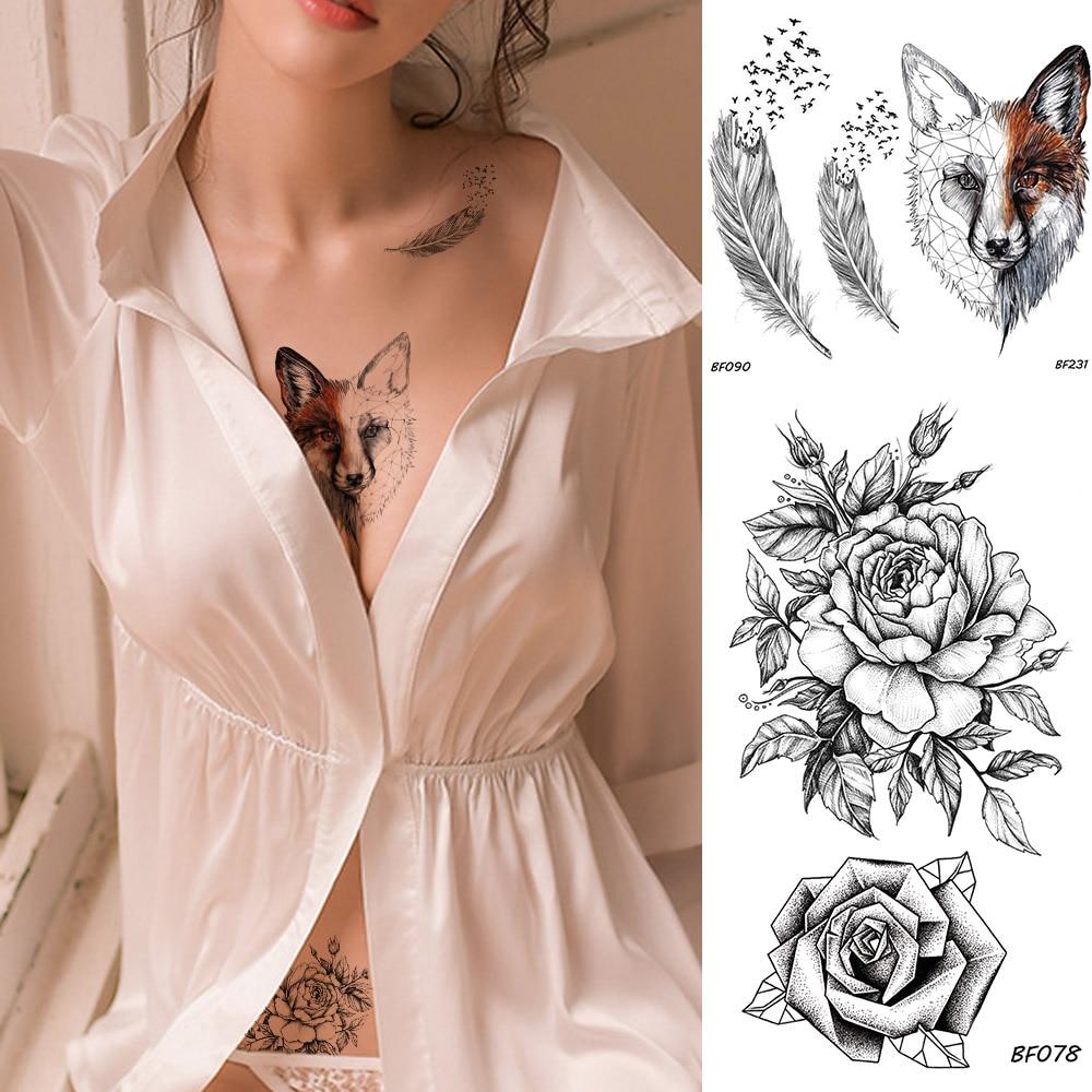 Sexy Fox Flowers Feather Women Temporary Tattoo Black Geometric Waterproof Fake Tatoos Body Art Arms Legs DIY Tattoo Stickers