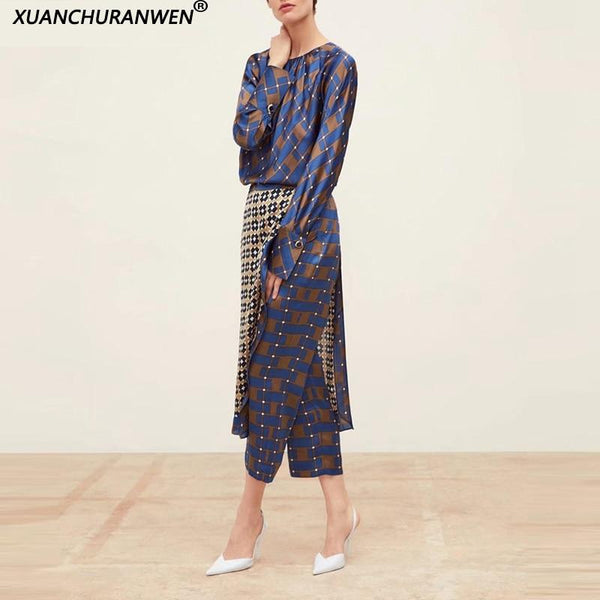 Fashion Floral Plaid Sets Long Sleeve Tops O neck Loose Shirts High Waist Skirt Pants Design Blouse + Pants Sets XZ1957 1961