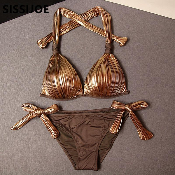 Sexy Bikinis Women Swimsuit gold silver Cut Out Bathing Suits Push Up Bikini Print Swimwear Beach Wear With Underwire Biquini