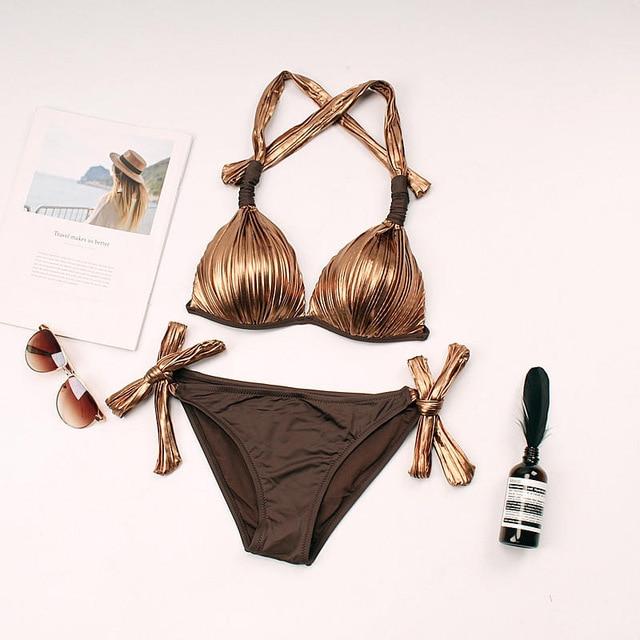 Sexy Bikinis Women Swimsuit gold silver Cut Out Bathing Suits Push Up Bikini Print Swimwear Beach Wear With Underwire Biquini