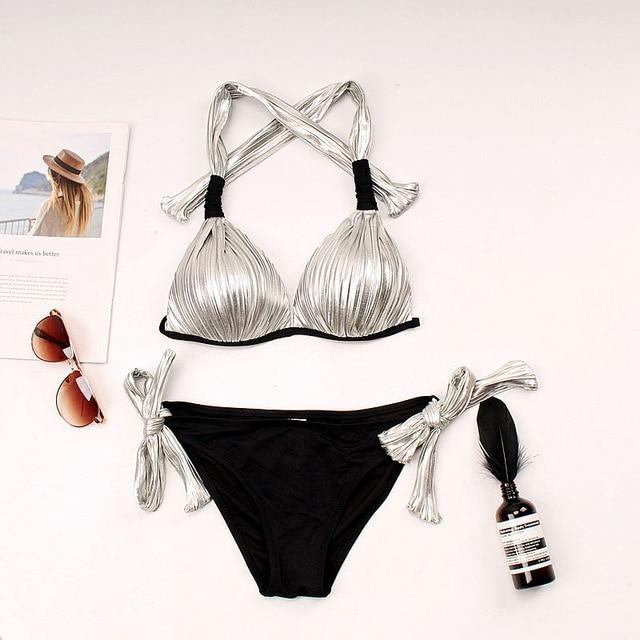 Sexy Bikinis Women Swimsuit gold silver Cut Out Bathing Suits Push Up Bikini Print Swimwear Beach Wear With Underwire Biquini