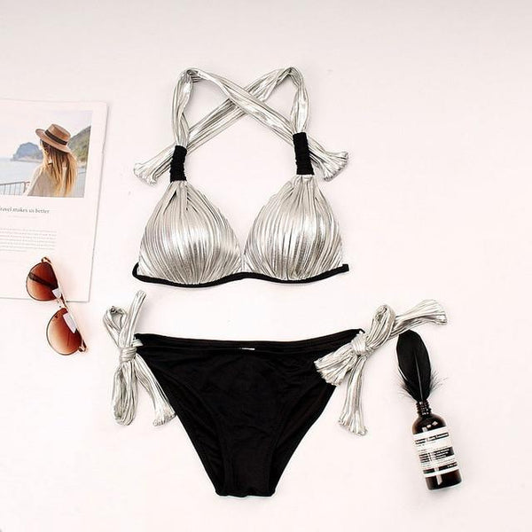 Sexy Bikinis Women Swimsuit gold silver Cut Out Bathing Suits Push Up Bikini Print Swimwear Beach Wear With Underwire Biquini