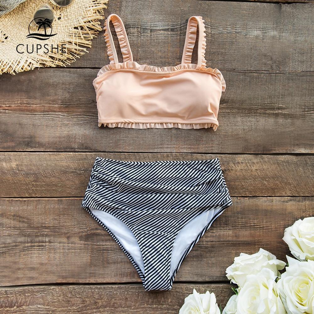 CUPSHE Ruffled Bandeau Bikini With High-waisted Bottom Bandeau Swimsuit Two Pieces Swimwear Women 2019 Girls Beach Bathing Suits