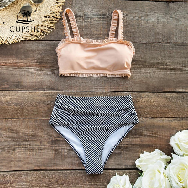 CUPSHE Ruffled Bandeau Bikini With High-waisted Bottom Bandeau Swimsuit Two Pieces Swimwear Women 2019 Girls Beach Bathing Suits