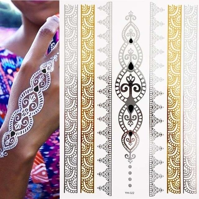 Hot Flash Metallic Waterproof Temporary Tattoo Gold Silver Tatoo Women Henna Flower Taty Design Tattoo Sticker