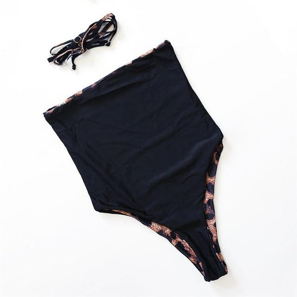 Sexy Reversible Leopard/Solid/Stripe Bandeau One-Piece Bodysuit Monokini Female High Cut Thong Swimwear Women One Piece Swimsuit