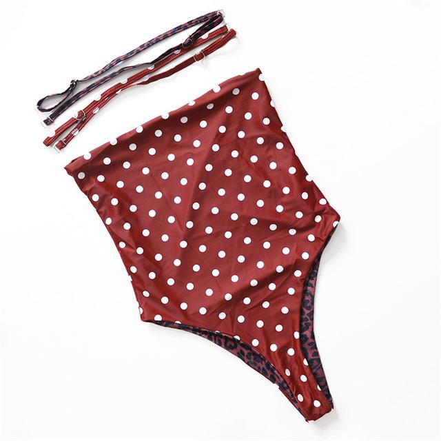 Sexy Reversible Leopard/Solid/Stripe Bandeau One-Piece Bodysuit Monokini Female High Cut Thong Swimwear Women One Piece Swimsuit