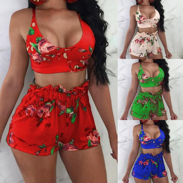 Women 2 Pcs Swimsuit Top High Waist Shorts Set Print Two Piece Swimwear Plus Size Bathing Suit