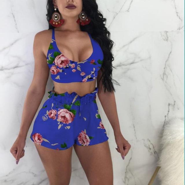 Women 2 Pcs Swimsuit Top High Waist Shorts Set Print Two Piece Swimwear Plus Size Bathing Suit