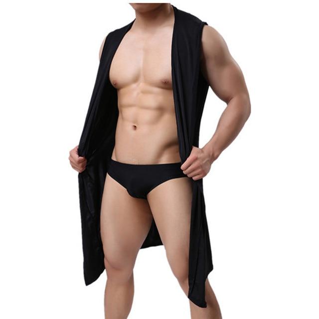 Sexy Summer Ice Silk Gown Men's Bathrobe Men Hooded Robes Homme Solid Bath Robe Club Man Gown Roupao Gay Ice Silk Hooded Pajamas